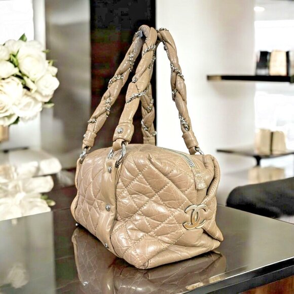 CHANEL Lady Braid Taupe Tan Chain Bowler Bag Quilted Boston Leather CC Auth - Picture 11 of 16
